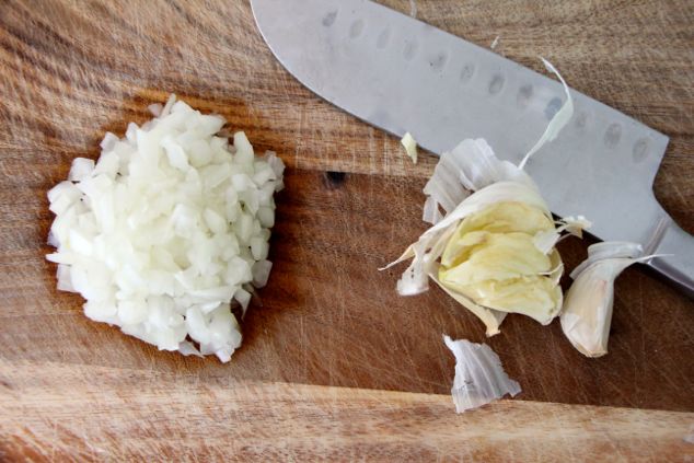 chopped onions and smashed garlic
