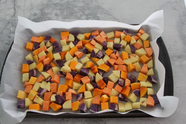 cubed vegetable in tray
