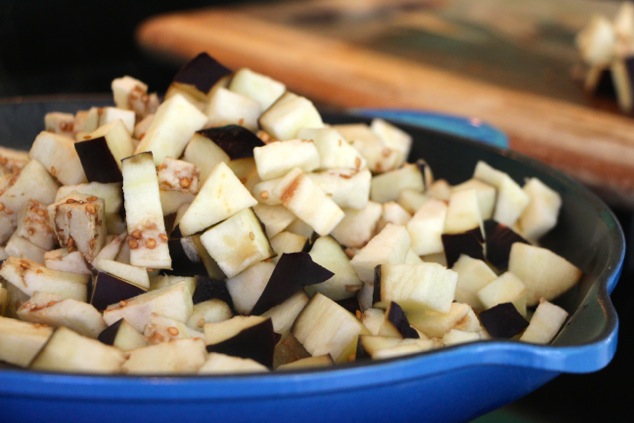 eggplant cubes piled in pan