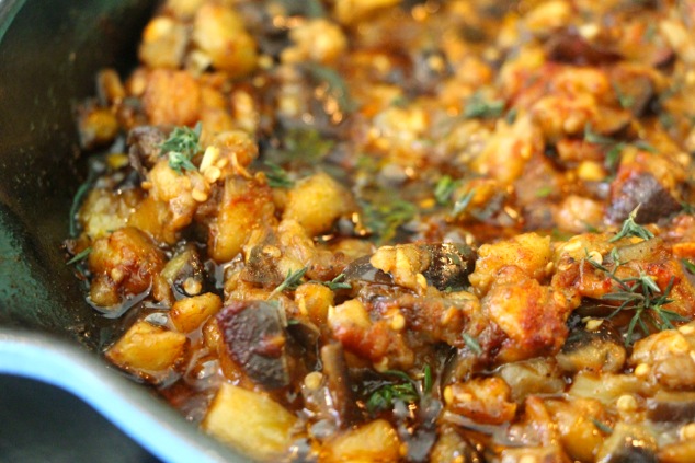 eggplant salad with thyme up close