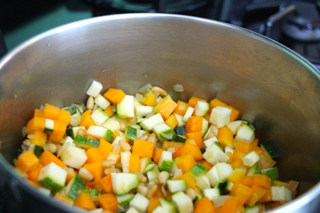 mixing cubed veggies in