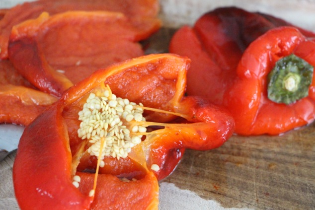 peeling roasted peppers and removing seeds