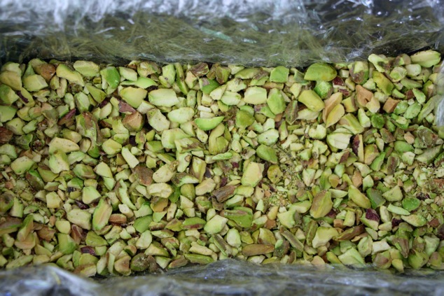 pistachio pieces in the pan