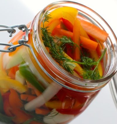 pickled vegetables in jar from side