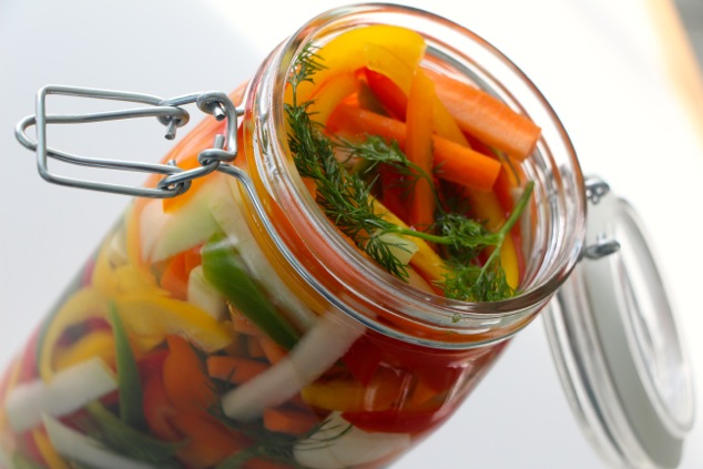 pickled vegetables in jar from side