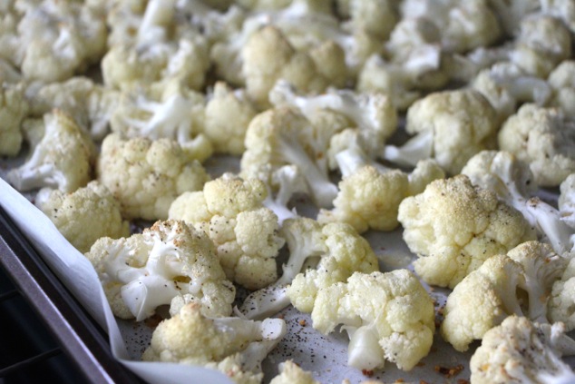 cauliflower florets on tray close up