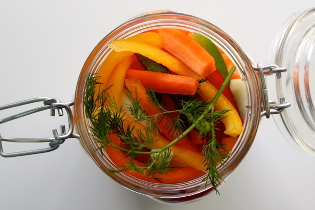 vegetables in jar from up