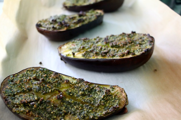 roasted eggplants on baking sheet