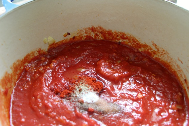 adding spices to tomato sauce