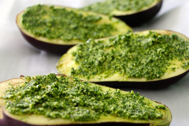 eggplants with pesto on tray