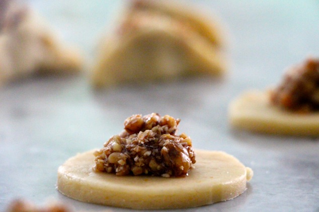 hamentashen circle with walnut mixture