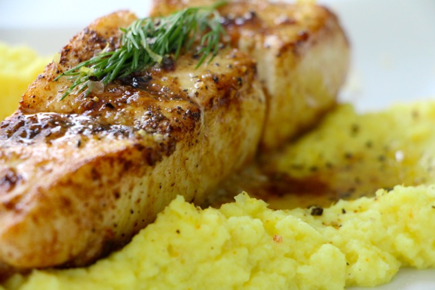 mashed cauliflower and fish up close