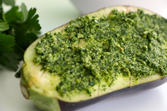 topping eggplant with pesto