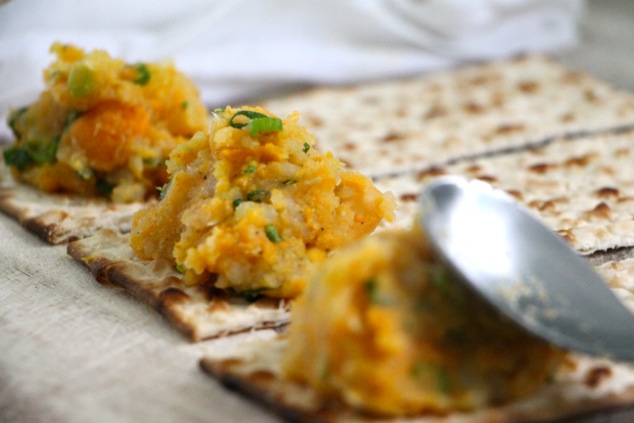 filling onto matzah strips up close