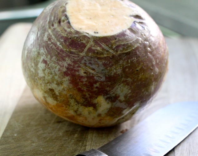 rutabaga on cutting board up close