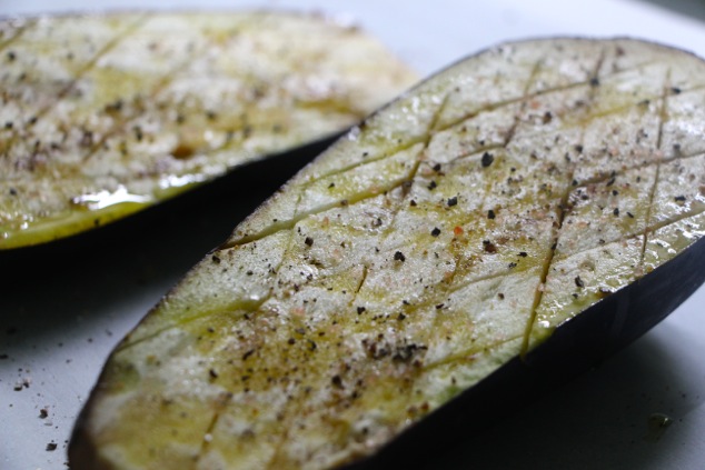 preparing eggplant up close