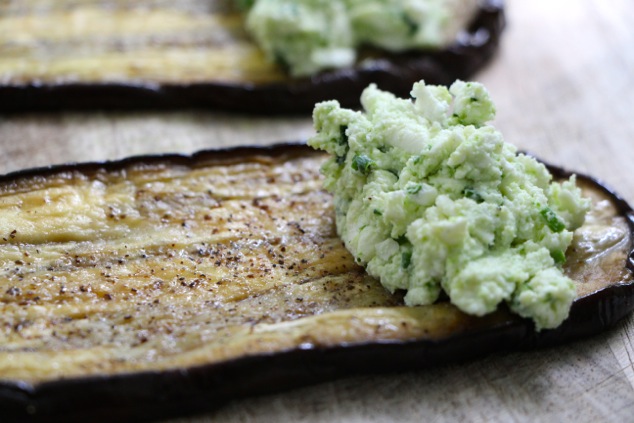 placing filling on eggplant slices