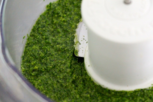 pesto in food processor up close