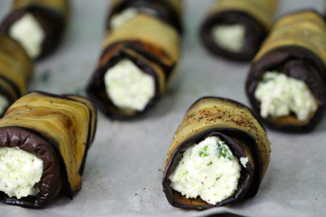 rolled eggplants on a tray