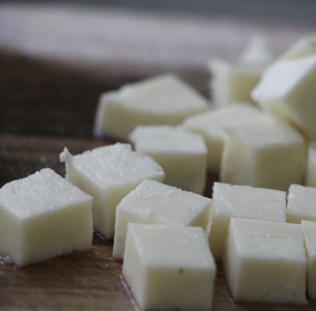 halloumi cheese cubes close up