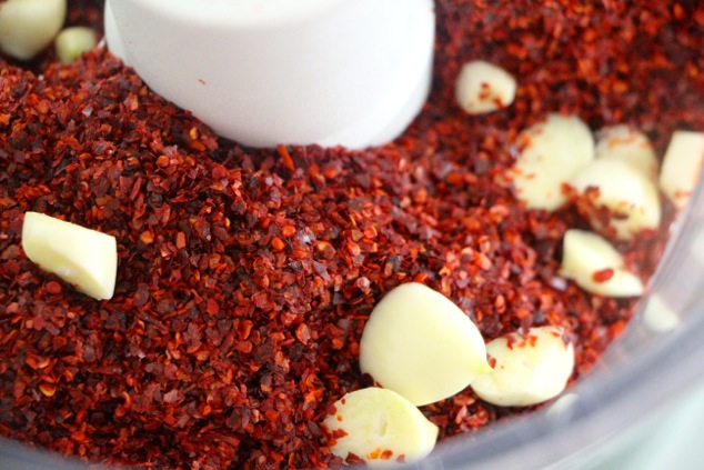 Pepper flakes and garlic in food processor