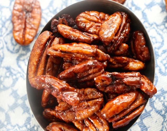 caramelized pecans close up