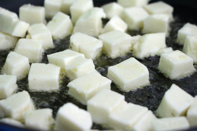 frying halloumi cheese cubes