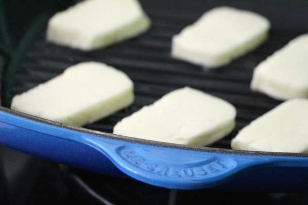 halloumi cheese in grill pan