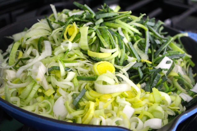 chopped leeks in a pan