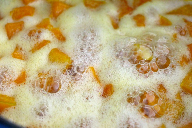 sugar cooking with pumpkin cubes close up