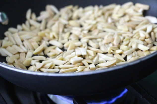 slivered almonds roasting up close