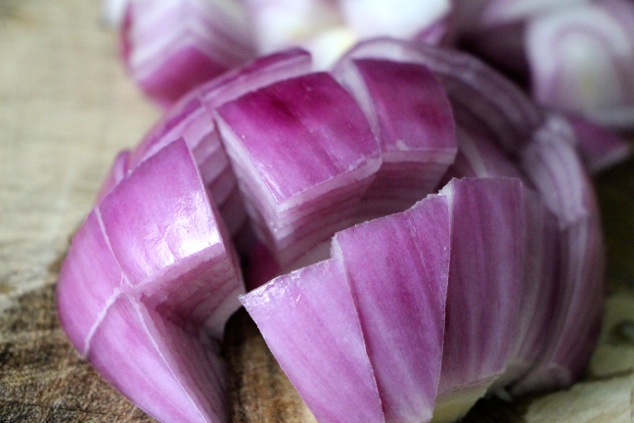 cutting purple onion up close