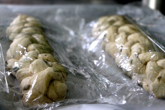 braided challah covered with plastic wrap