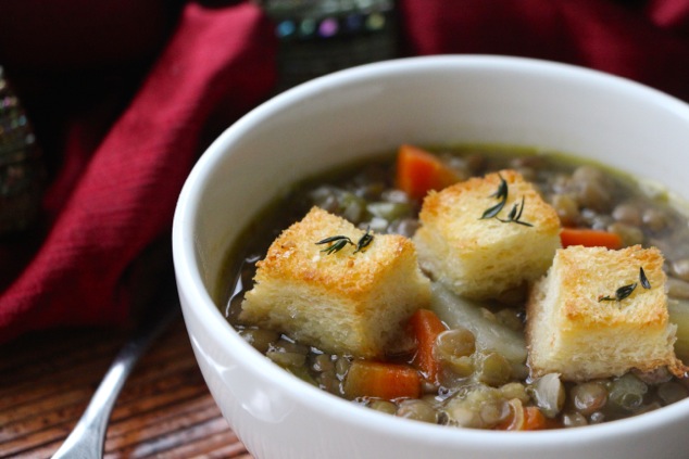 lentil soup served with croutons