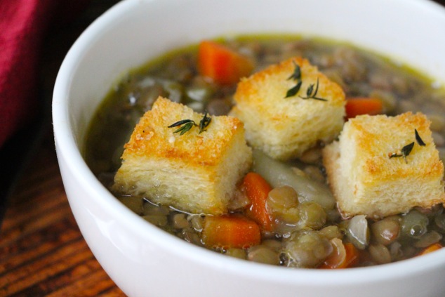lentil soup with croutons up close