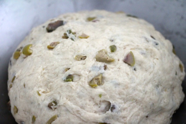 olives challah dough in bowl