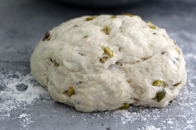olives challah dough on surface