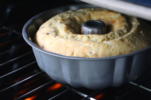 cake is baking in the oven