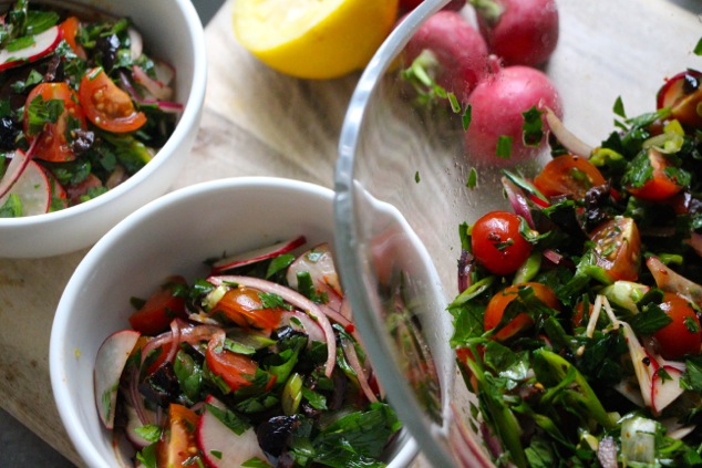 salad in serving bowls