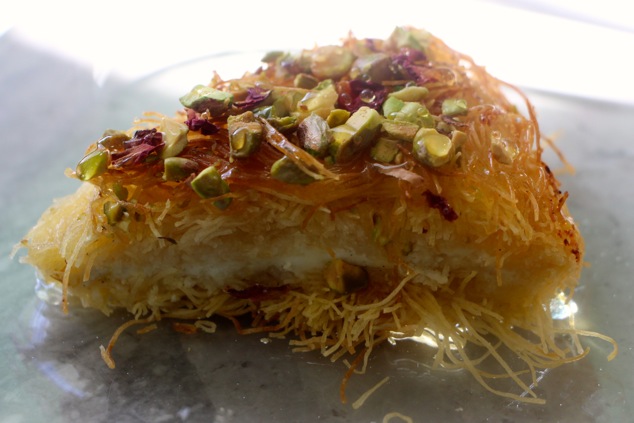 a piece of Knafeh up close