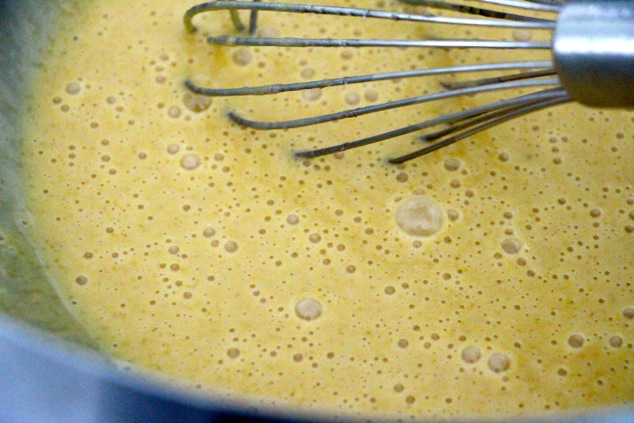 whisking tehina into egg mixture