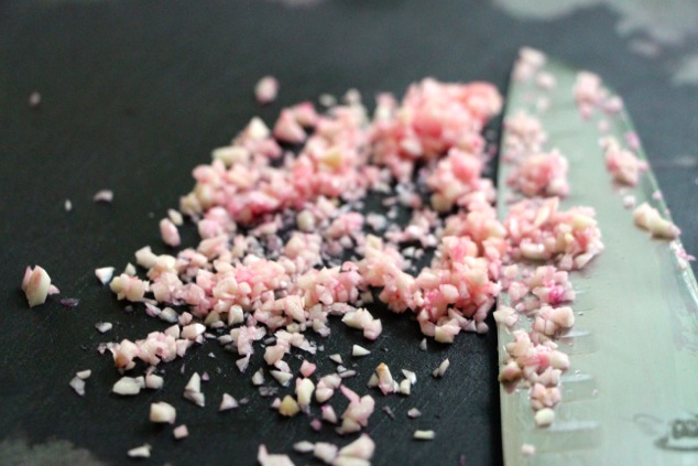 mincing garlic with some beet color