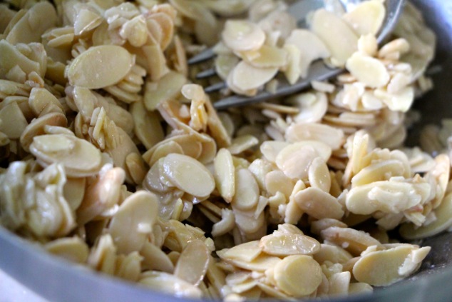 mixing the sliced almonds close up