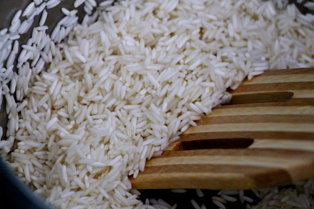 sautéing white rice up close