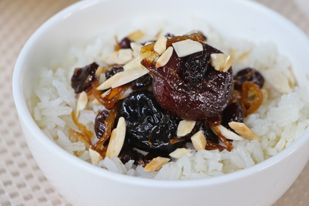 white rice and dried fruit ready to eat up close