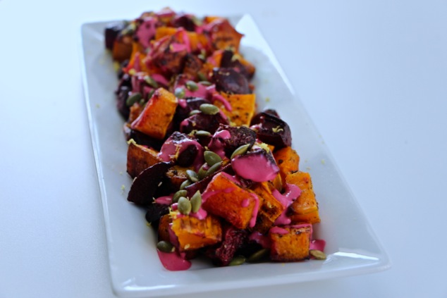 Thanksgiving roasted beets and butternut squash on a serving dish