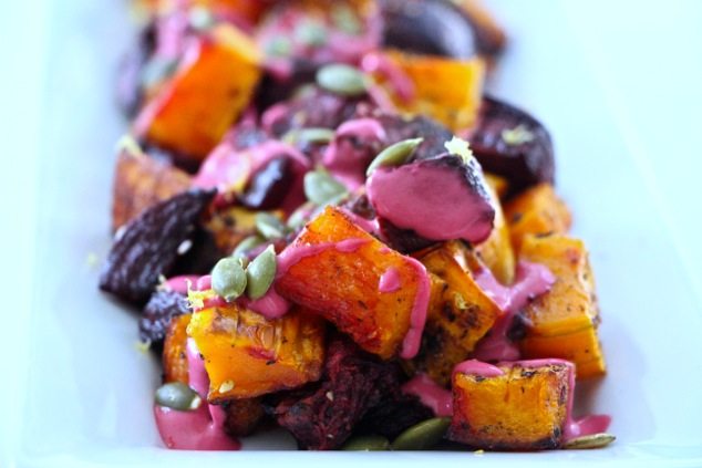 Thanksgiving roasted beets and butternut squash served up close