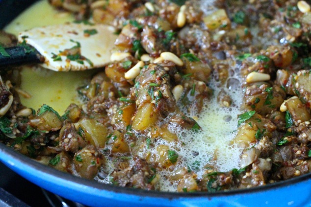 adding eggs to eggplant mixture