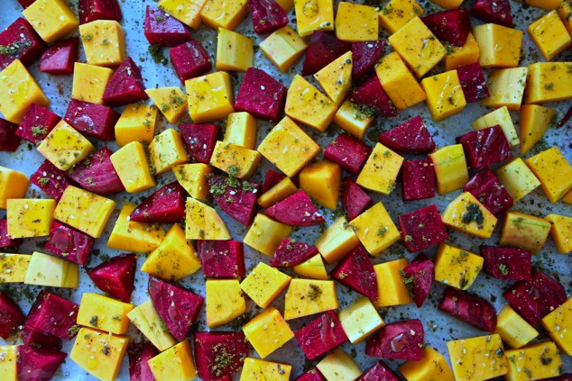 beets and butternut squash cubes on tray from above