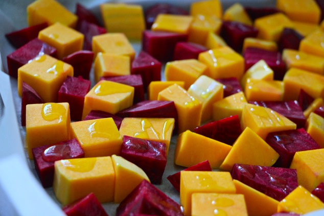 butternut squash and beet cubes with olive oil